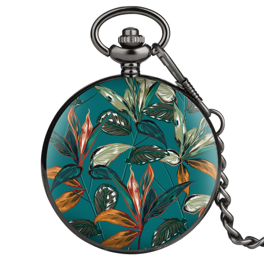 Pocket Watches Chain Clock Creative Multiple Tropical Plants Leaves Flowers Design Quartz Pocket Watch Chain Relojes de bolsillo