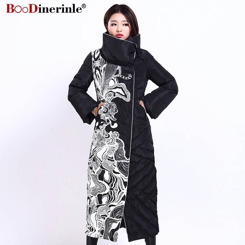 BOoDinerile Women's Jacket Female Thick Warm White Duck Down Coat Winter Elegant Office Lady's Print Slim X-Long Outwear YR159-2