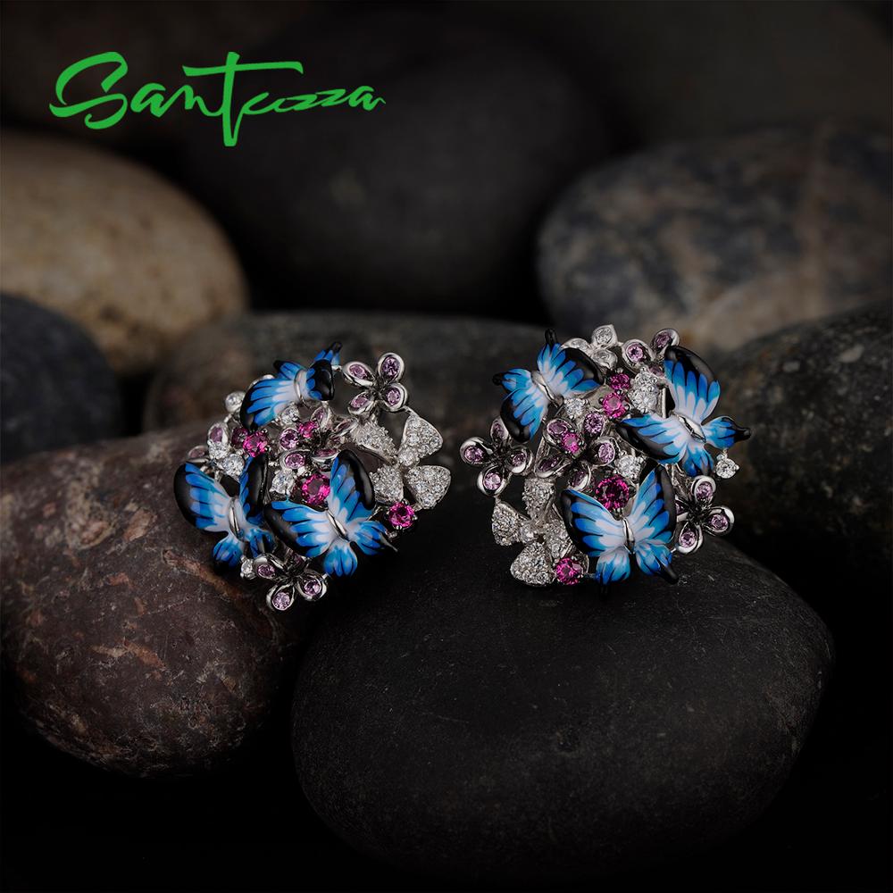 SANTUZZA Jewelry Set For Woman 925 Sterling Silver HANDMADE Colorful Enamel Blue Butterfly CZ Ring Earrings Set Fashion Jewelry