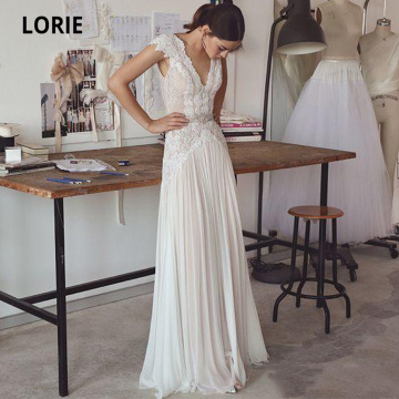LORIE Wedding Dresses Boho 2019 Bohemian Wedding Gowns with Cap Sleeves V Neck Open Back Elegant A line Bridal Gowns Plus Size