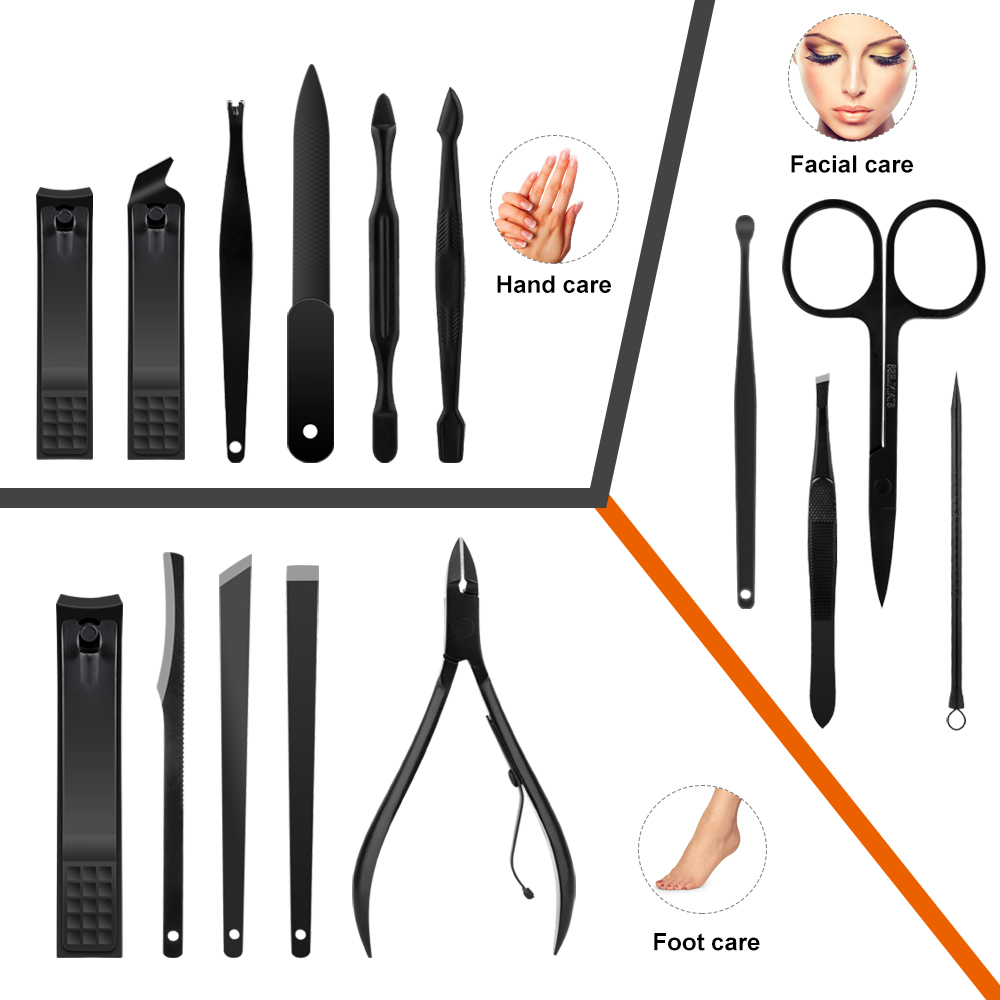 Black Stainless Steel Manicure Set Nail Tweezers Clipper Cutter Trimmer Ear Pick Pedicure Toe Polish Rainbow Nail Art Tools Kit