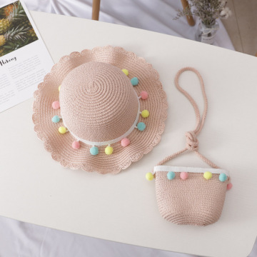 Children's Woven Straw Hat shoulder Bag Set Summer Girl Cute Cartoon Strawberry Beach Travel Sunscreen Wave Lace Sun Cap U6