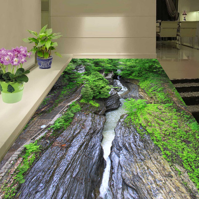 Custom 3D Room Nature Landscape Floor Wallpaper Canyon Running Water Mural Waterproof Self-adhesive Wear Non-slip Wall Papers