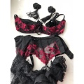 Lovers' Underwear Lace Seductive Women Hollow Out Chest Ultra-thin Underwire Bra Panty Garter Lingerie Set Intimate Clothes