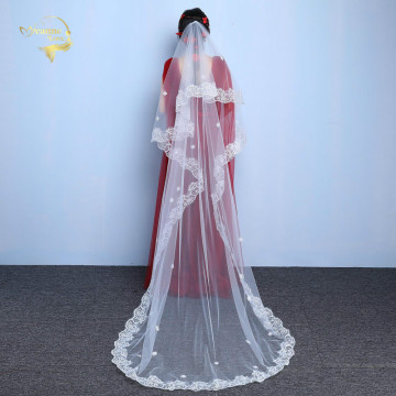 Cheapest In Stock Long Bridal Veils White Ivory 1T Wedding Veils Lace Edge Wedding Accessories Mariage Bride Veu Wedding Veils