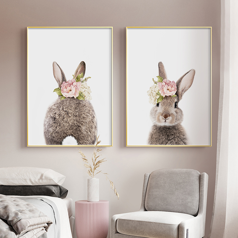 Pink Flower Rabbit Wall Art Canvas Posters and Prints Animal Paintings Wall Picture Girl Child Princess Room Modern Home Decor