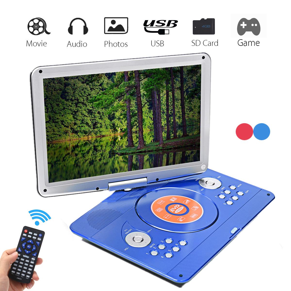 Rotatable Screen Multi Media DVD 14 inch Portable DVD Player for Game TV Function Support MP3 MP4 VCD CD Player for Home and Car