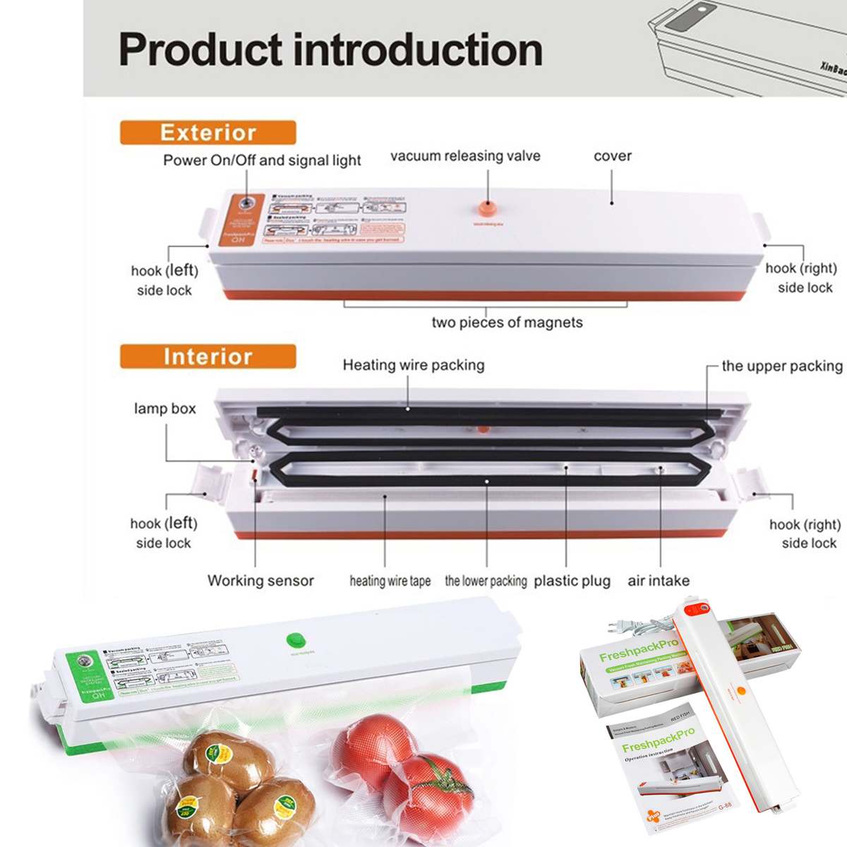 Green 200V Household Food Vacuum Sealer Packaging Auto Machine Film Sealer Vacuum Packer Including with 10Pcs Bags EU/US Plugs