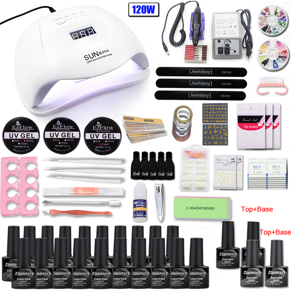 Nail Set 35000RPM Nail Drill Machine 120W UV LED Lamp For Manicure Set 20 Gel Nail Polish 2Top and 2 Base Nail tool Set Kit