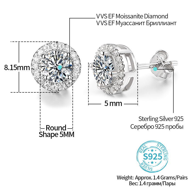 EF Round Cut Total 0.5ct Diamond Test Passed Moissanite Rhodium Plated 925 Silver Moissanite Earrings Jewelry Girlfriend Gift