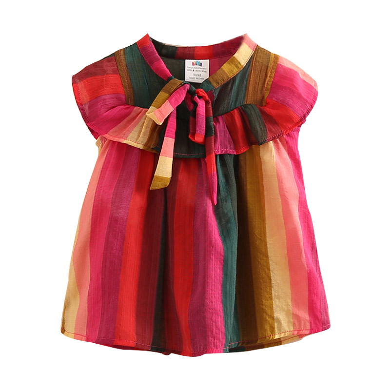 Baby Rainbow Doll Girls Blouse Shirt 2020 Summer New Girl Child Children's Flying Sleeve Colorful Owknot Shirt