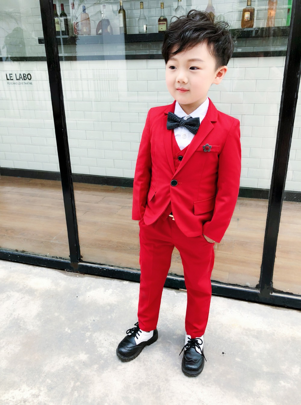 autumn Red/gray 3Pcs baby Boys Suits Wedding Formal Children blazers Suit Tuxedo Party clothes jacket+vest+pant set for boys