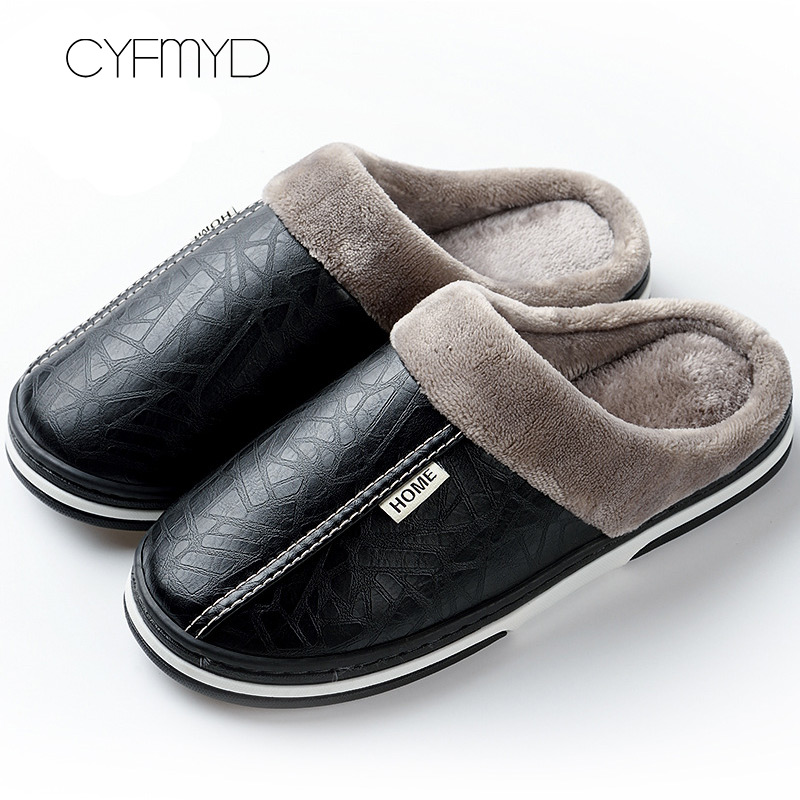 Men's slippers Winter Non slip Indoor Shoes men leather Big size House shoe Waterproof Warm Memory Foam Slipper Big size