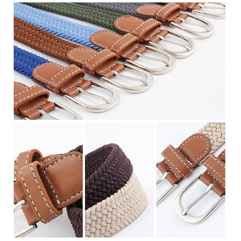 Mens Elastic Braided Belt, Unisex Men Women Vintage Casual Elastic Fabric Woven Braided Stretch Webbed with PU Leather Buckle