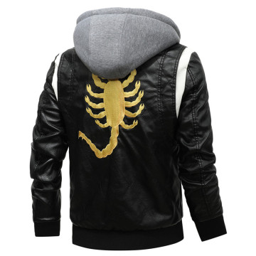 2021 New Spring Leather Men's Jacket Removable Hoodied Scorpion Embroidery Motorcycle Jacket Men Slim Fit Leather Mens Jackets