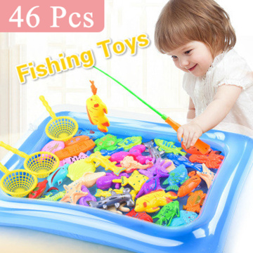 46pcs Inflatable Pool Magnetic Fishing Toy Rod Net Set for Kids Early Education Model Fishing Games Outdoor Pretend Play Toys