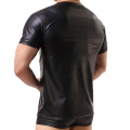2XL Men T-shirt Faux Leather Shorts Sleeve Tee Shirts Fitness Undershirts Underwear Sexy Stage Latex Costumes Wetlook Clubwear
