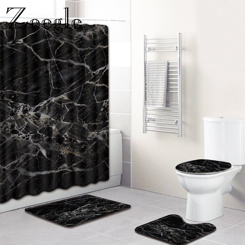Zeegle Marble Pattern 4pcs Bathroom Non-Slip Pedestal Rug Lid Toilet Cover Bath Mat with Shower Curtain Microfiber Bathroom Mats
