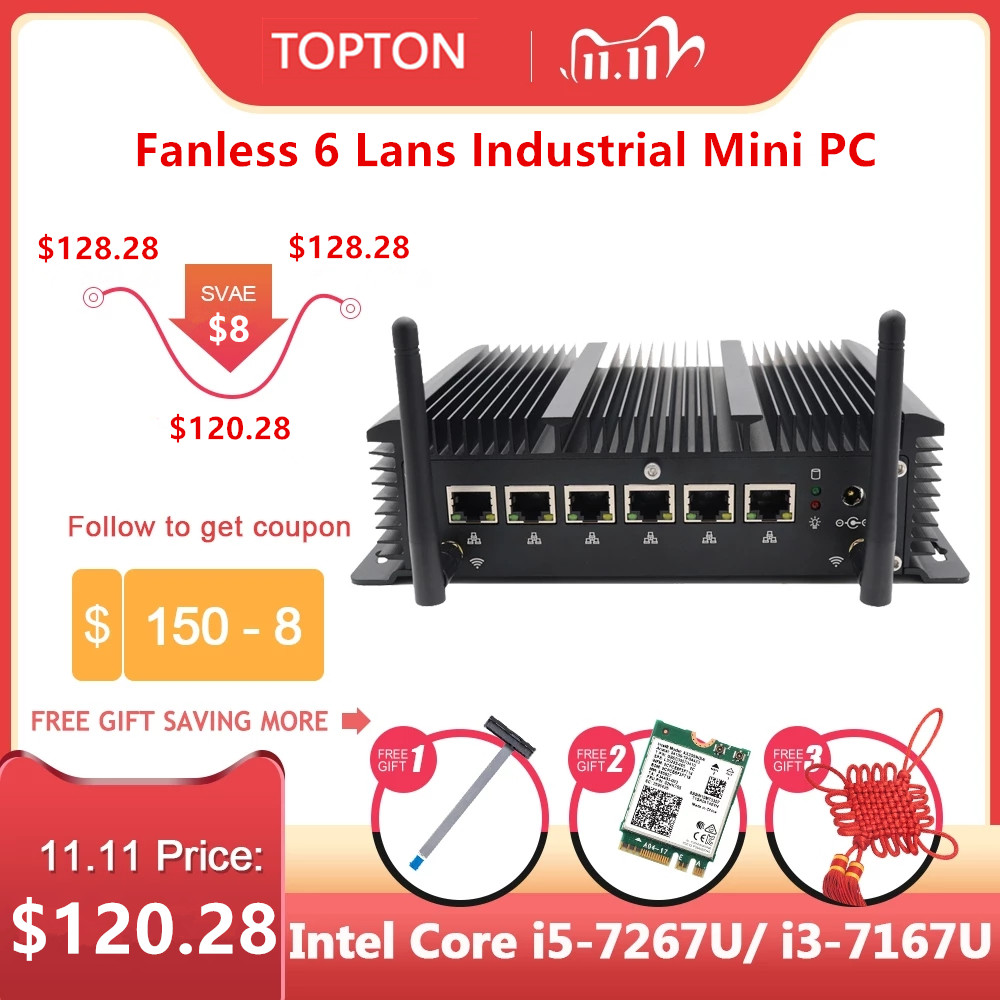 Industrial Fanless Mini PC Intel Core i5 8265U i3 6157U 6 Lans Firewall Router Pfsense Server 2*RS232 4*USB3.0 HDMI 4G/3G AES-NI