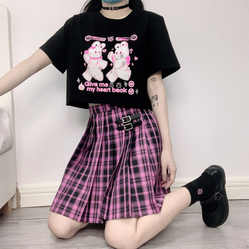 Harajuku Cartoon Hip Hop Print Short Sleeve Kuromi T-shirt Women's Tops Summer Streetwear O-neck Sexy Girls Tee Shirt Футболка