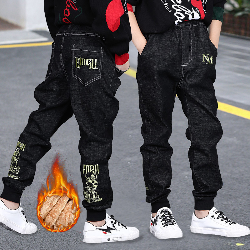 4-14Years Boys Jeans Pants Warm Winter Children Skinny Denim Trousers Letter Thick Add Wool Clothes for Teenage Boys Autumn New