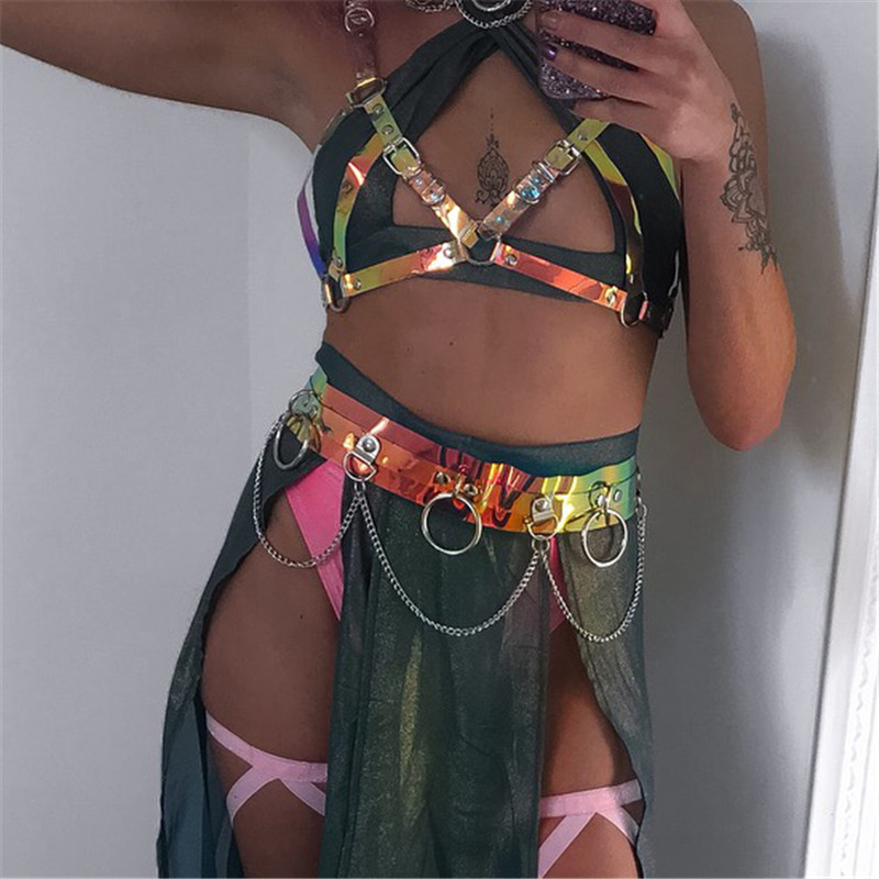 Goth PVC Holographic Belts 3 Piece Set Women Link Chains Laser Choker Sexy Bra Chest Belts O Rings Waist Belt Party Club Outfits