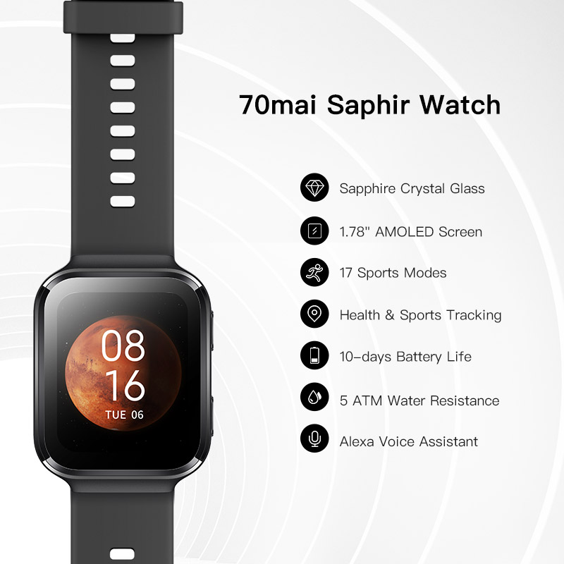 70mai Smart Watch 70mai Saphir Watch Bluetooth GPS Sport Heart Rate Monitor 5ATM Resistance Call Reminder 70mai Smartwatch APP