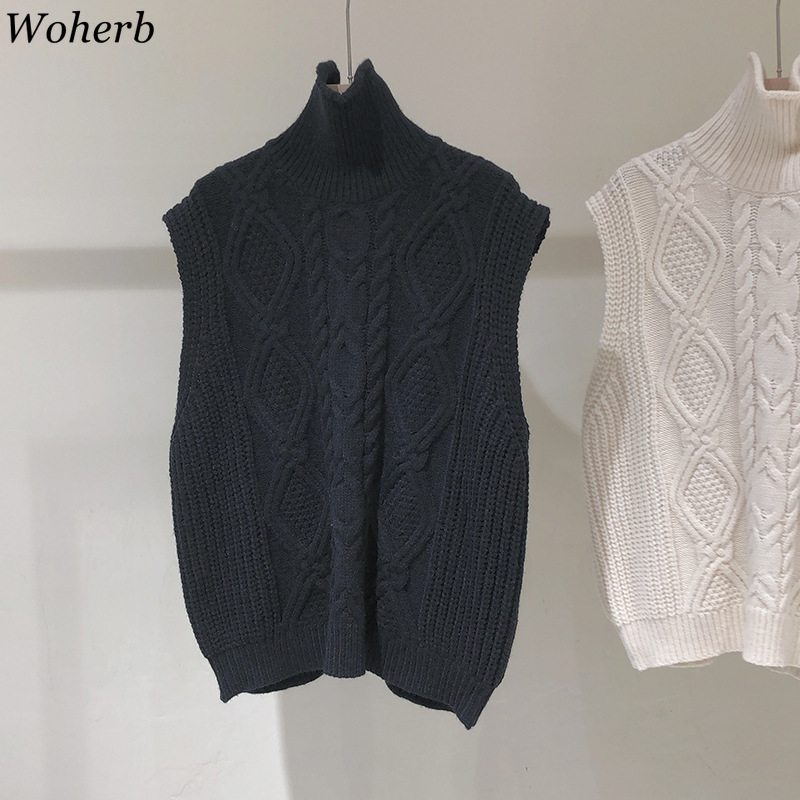 Woherb Sleeveless Tuitleneck Sweater Vest Women Knit Ribbed Short Pullover Tops Autumn Winter Clothes Loose Knitwear Tank 4G443