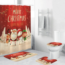 Christmas Bath Curtain Snowman Santa Elk Pattern Bathroom Floor Mat 3D Digital Printing Waterproof Toilet Lid Bathroom Supplies