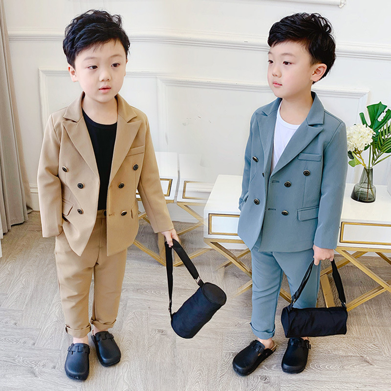 Spring Autumn Boys Double Breasted Suit Set Children Fashion Blazer + Pants 2pcs Outfit Kids Party Host Birthday Dress Costume