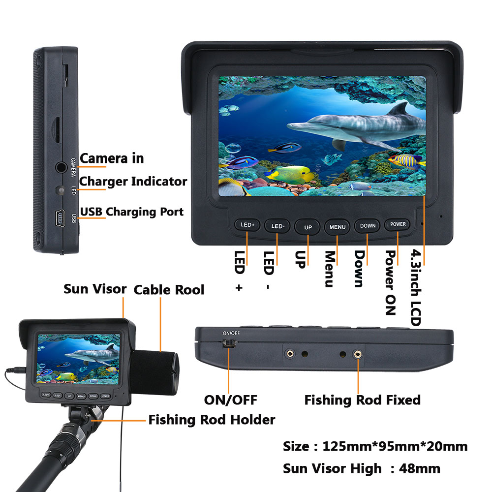 25M 4.3 inch 1200TVL Fish Finder Underwater Fishing Camera 10PCS LED Night Vision 195 Degrees Camera with 3.6M Fishing Rod