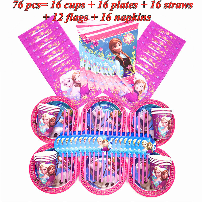 128pcs Frozen Theme Elsa Anna Party Supplies Disposable Paper Cups Plate Straws Flags Birthday Decorations Snow Princess Napkins