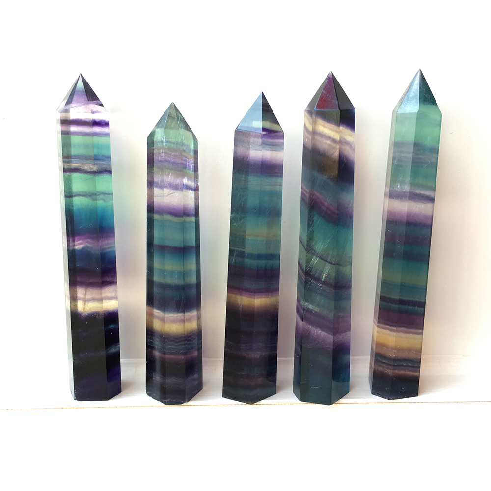 RUNYANGSHI Natural Fluorite Crystal Colorful Striped Fluorite Quartz Crystal Stone Point Healing Hexagonal Wand Treatment Stone