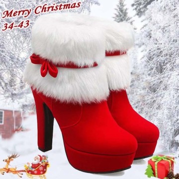 Big Size 34-43 Winter Female Ankle Snowboots High Heels Christmas Warm Short Plush Red Boots Women Bowtie Zipper Shoes Woman