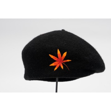 Hand-Embroidered Maple Leaf Wool Beret