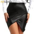 US Stock Hot Party Rave Miniskirts Women Faux Leather Wet Look Booty Skirts High Waist Sexy Asymmetric Slit Bodycon Pencil Skirt