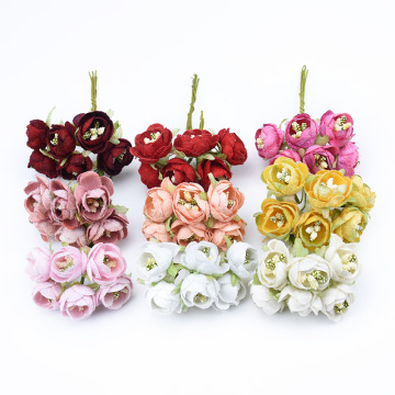 6pcs Small tea buds roses bouquet decorative flowers wreaths scrapbooking fake stamen plants diy gifts box artificial flowers