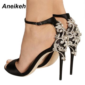 Aneikeh Rhinestone Stiletto Lady Sexy Crystal Thin Heels Sandal Woman Ankle Strap Wedding Dress Shoes Pumps Big Shoe 40 41 42