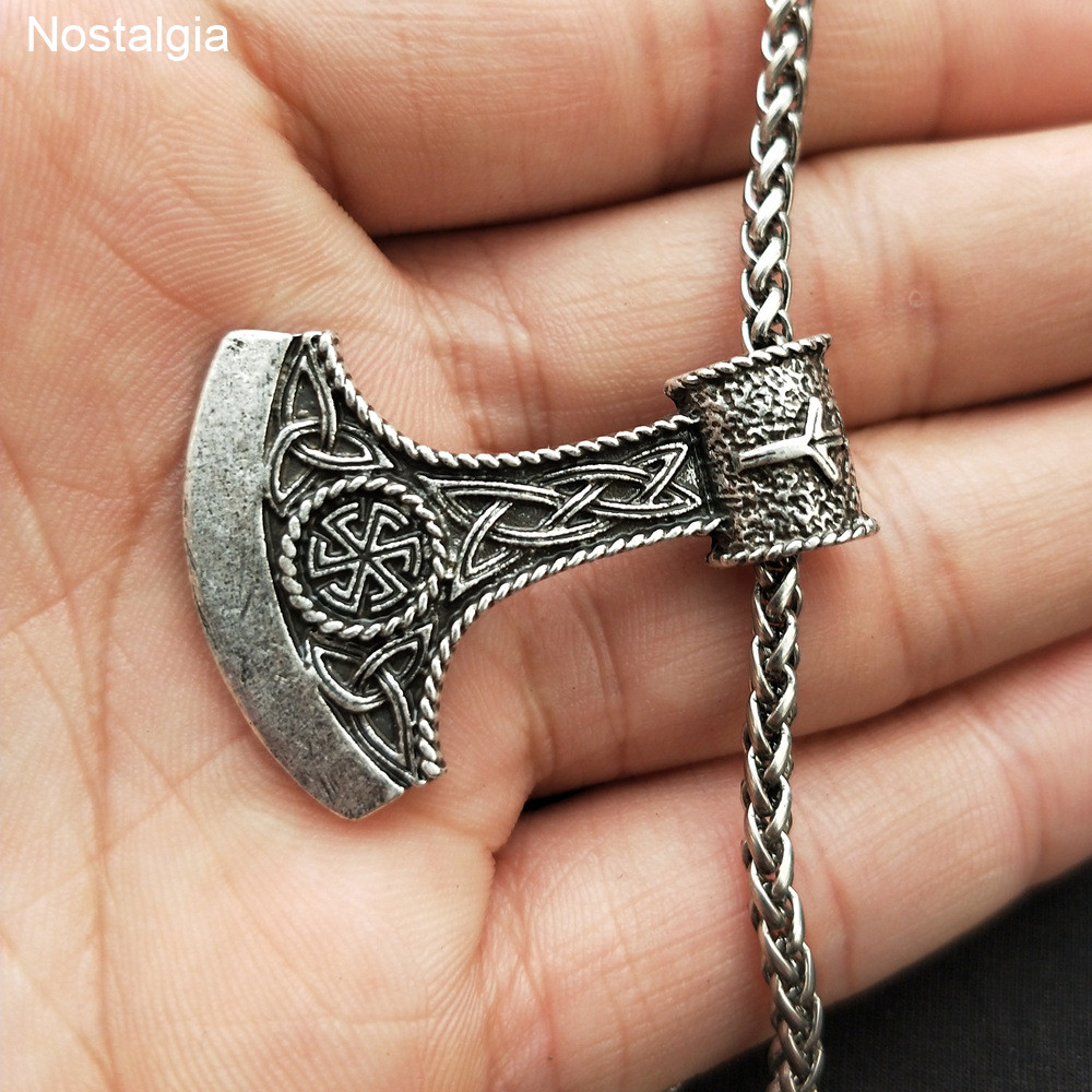 Nostalgia Slavic Symbol Perun Axe With Kolovrat Pendant Trinity Viking Rune ALGIZ Scandinavian Norse Vintage Necklace