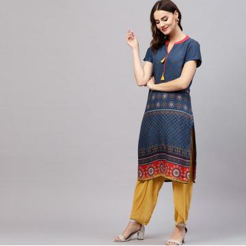 India Woman Traditional Ethnic Printing Costume Cotton Short sleeve Kurtas Spring Summer Travel Dress Beautiful Bluce Dance Top