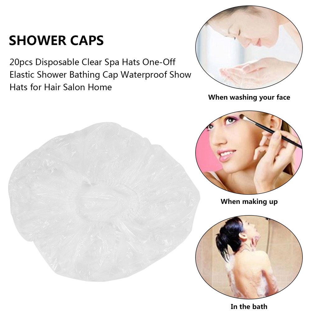 20pcs Disposable Clear Spa Hats One-Off Elastic Shower Bathing Cap Waterproof Show Hats for Hair Salon Home