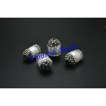 Paved Black Crystal Beads on Two Side White Fresh Water Pearl Potato Oval Shape Beads