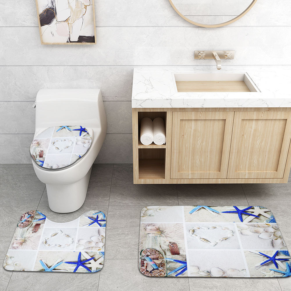 Starfish Printed Bath Mat Absorbent Toilet Seat Cover Mat and Anti-slip Floor Carpet Set Waterproof Shower Curtain Bathroom Rugs
