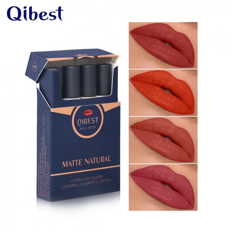 QIBEST 4 Colors Cigarette Design Matte Lipstick Velvet Sexy Nude Lip Blam Lasting Makeup Waterproof Non-Fading Lipstick TSLM1