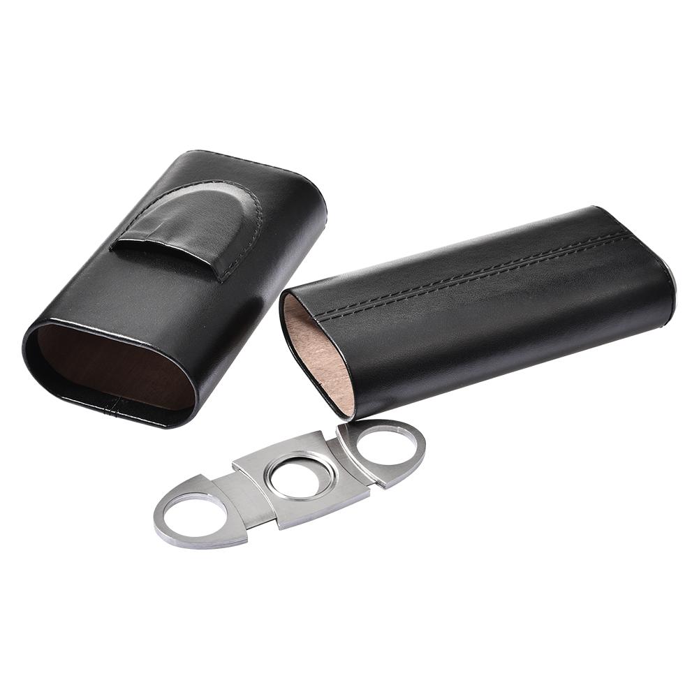 Portable Leather Cigar Case Holder Black Homidor Cigar Case Mini Travel Humidor With Cigar Cutter