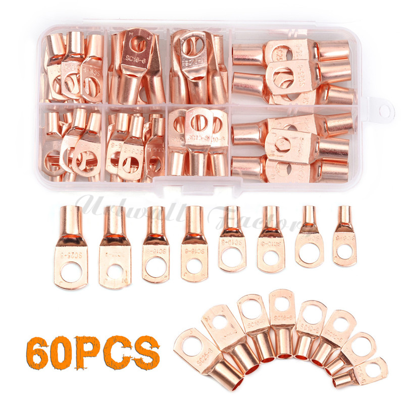 60Pcs Bolt Hole Tinned Copper Cable Lugs Battery Terminals Set Electric Wire Cable Bare Crimped/Soldered Connectors SC6-25 Kit
