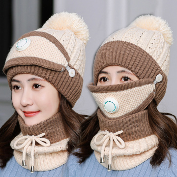 3 Pcs/set Winter Hats For Women With Breathing Mask 2in1 Knitted Hat Girl Pompoms Hat Warm Add Fur Lined Protective Winter Hat