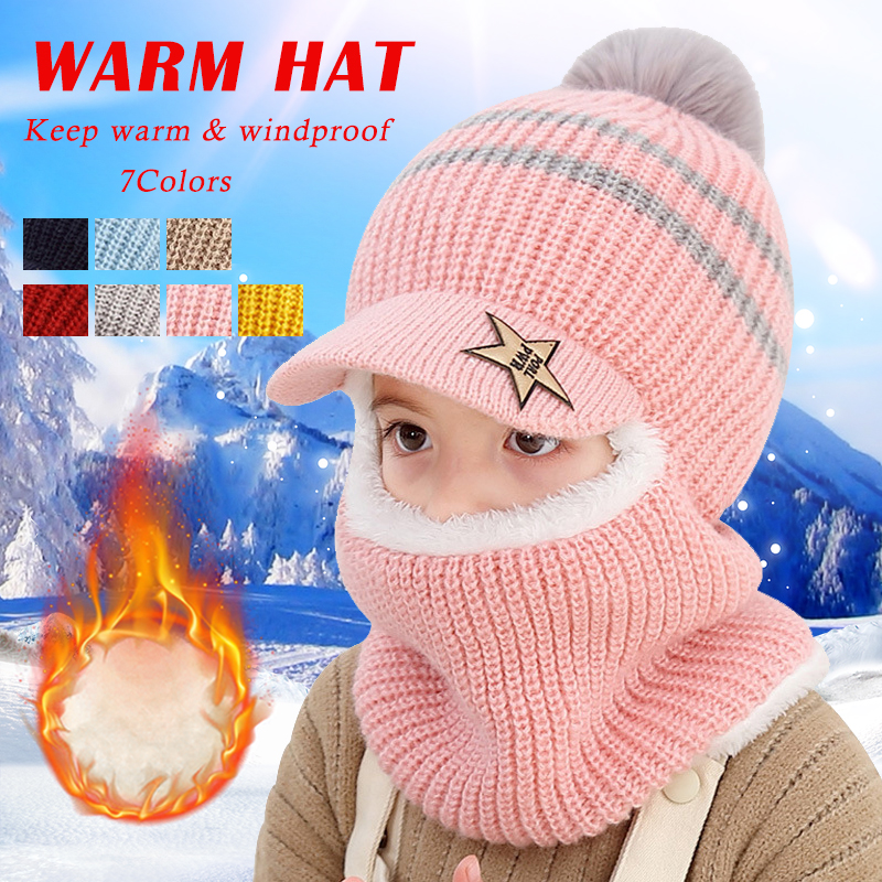 2020 Knit Short Plush Hooded Scarf Kids Hat And Scarf Child Winter Warm Protection Ear Pom Pom Cap Scarves Girls Boy Accessories