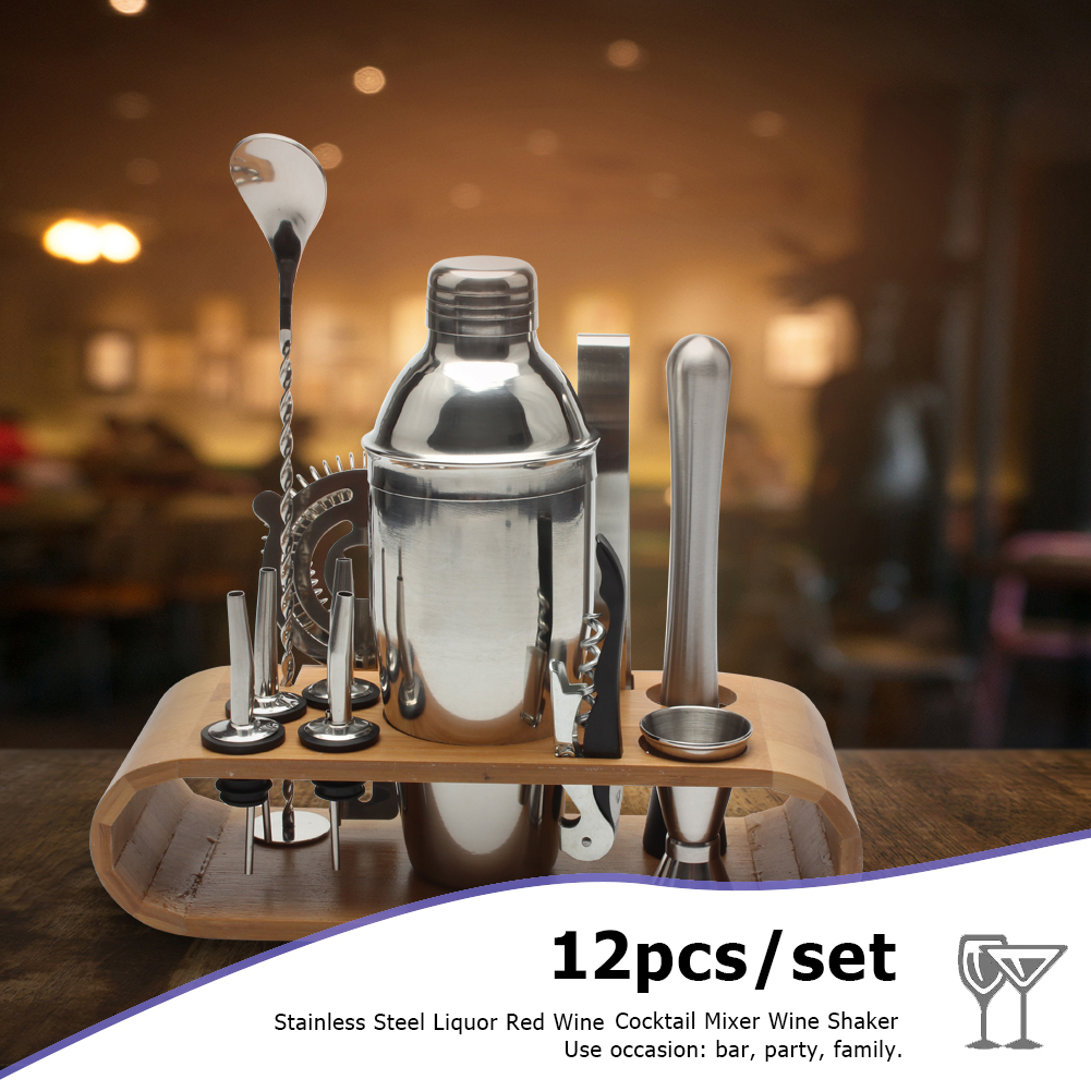 12pcs/Set Bartender Mixed Drinks Tool Bar Wine Mixing Spoon 550ml Stainless Steel Cocktail Shaker Bars Set With Wine Rack Stand