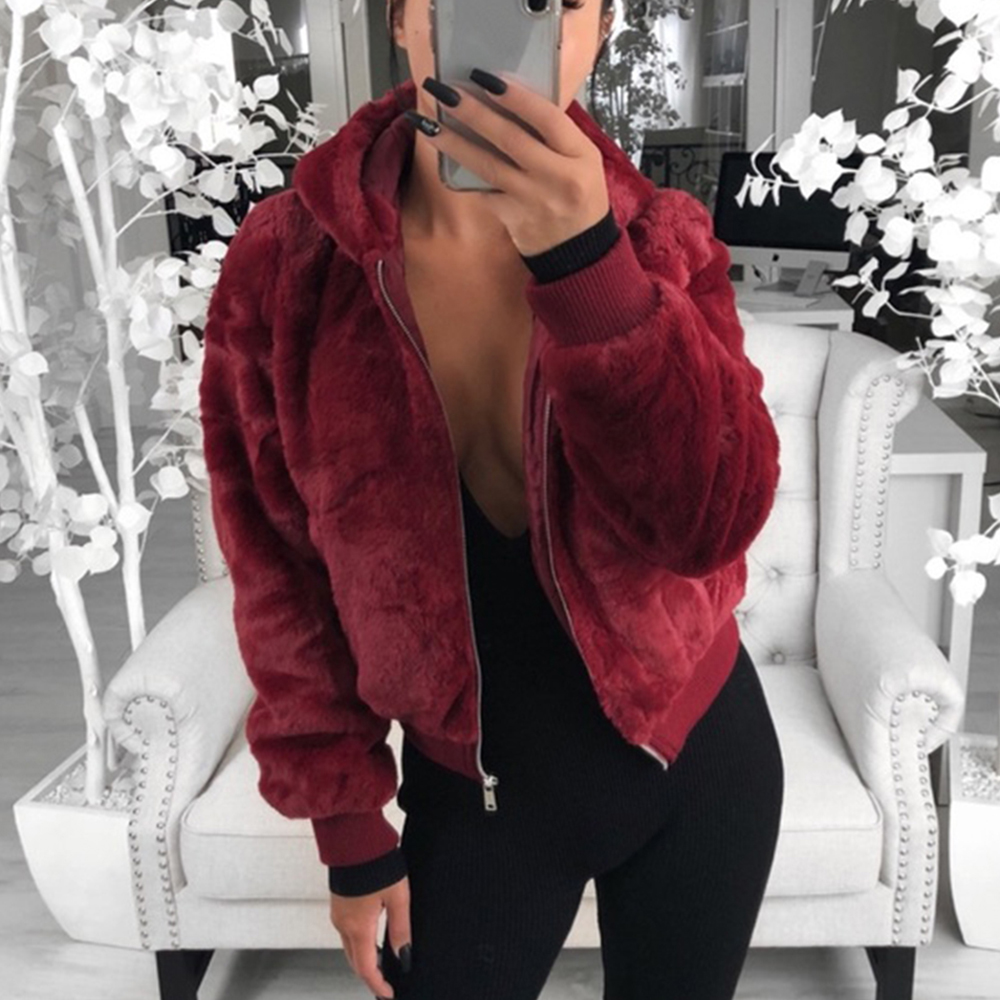 DIHOPE 2020 New Faux Fur Women Coat With Hood High Waist Fashion Slim Black Red Pink Faux Fur Jacket Fake Rabbit Fur Coats